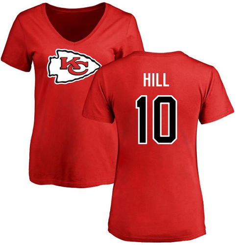 Women Football Kansas City Chiefs #10 Hill Tyreek Red Name and Number Logo Slim Fit T-Shirt->nfl t-shirts->Sports Accessory